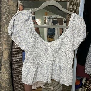 Hollister White & Light Blue Floral Smocked Peplum Crop Top